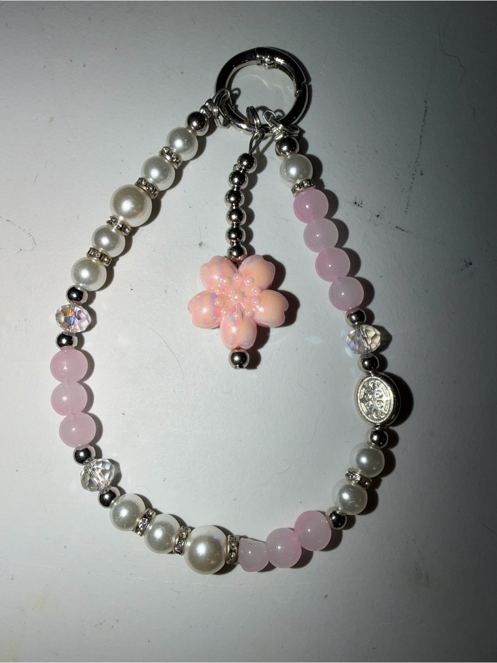 Pink Pearl & Bead Flower Charm Bracelet Keyring